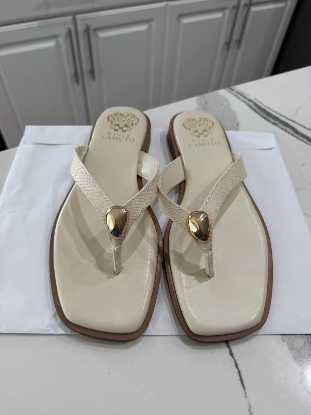 Vince Camuto Ivory Leather Thong Sandals with Gold Teardrop